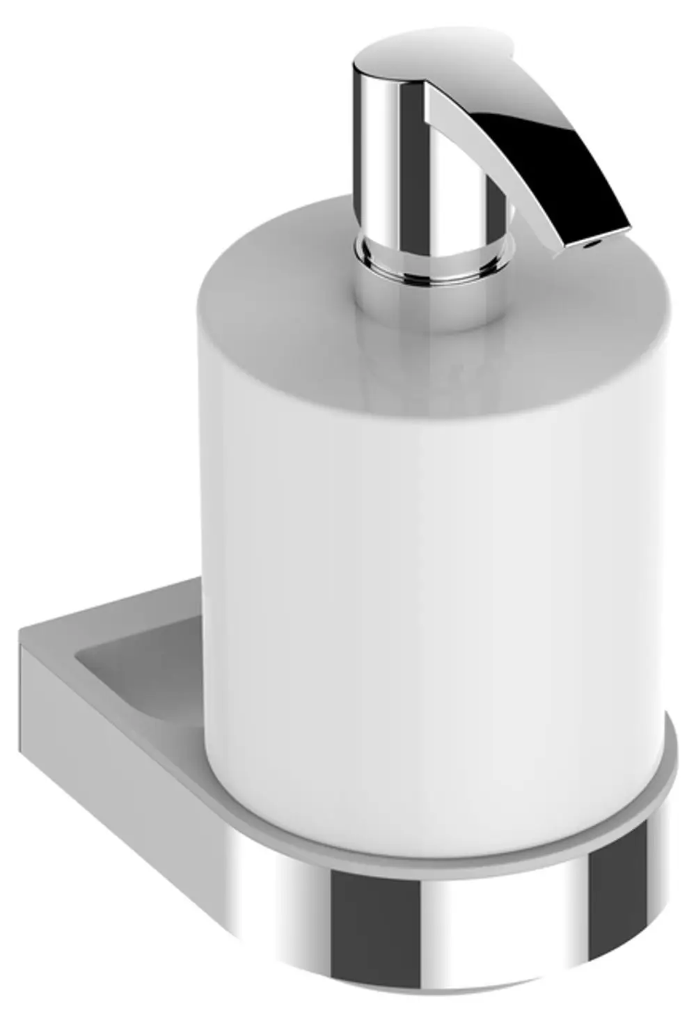Weißer Lotionspender mit verchromter Pumpe und Halterung von Keuco, ideal für die Badezimmer- oder Küchenanwendung.